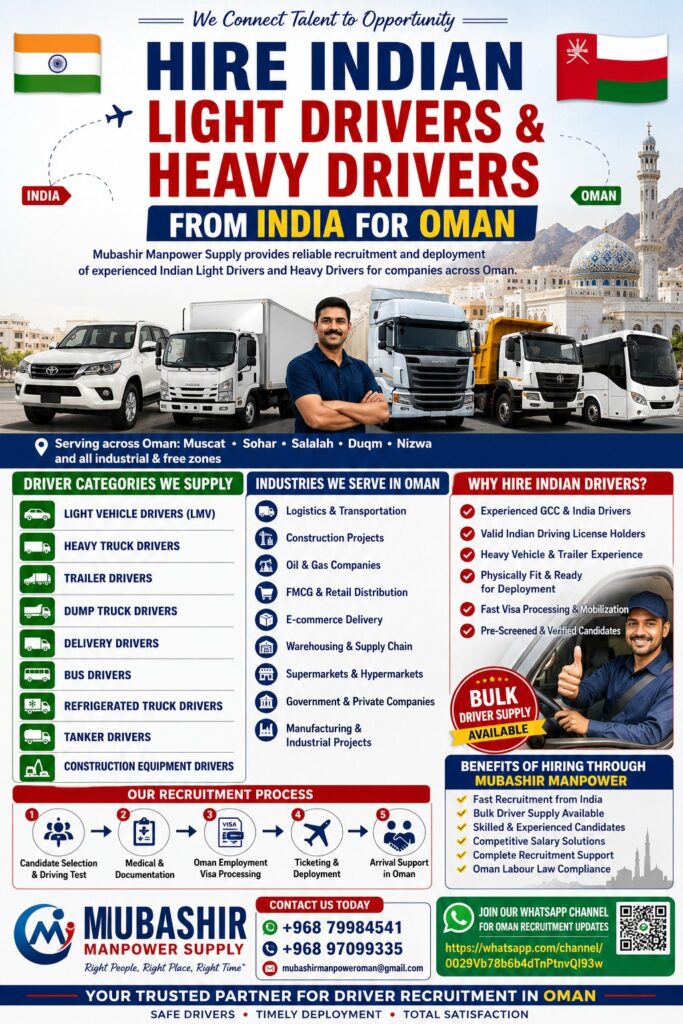 Hire Indian Light Driver & Heavy Drivers from India for Oman - Mubashir Manpower supply Hire Indian Light Driver & Heavy Drivers from India for Oman